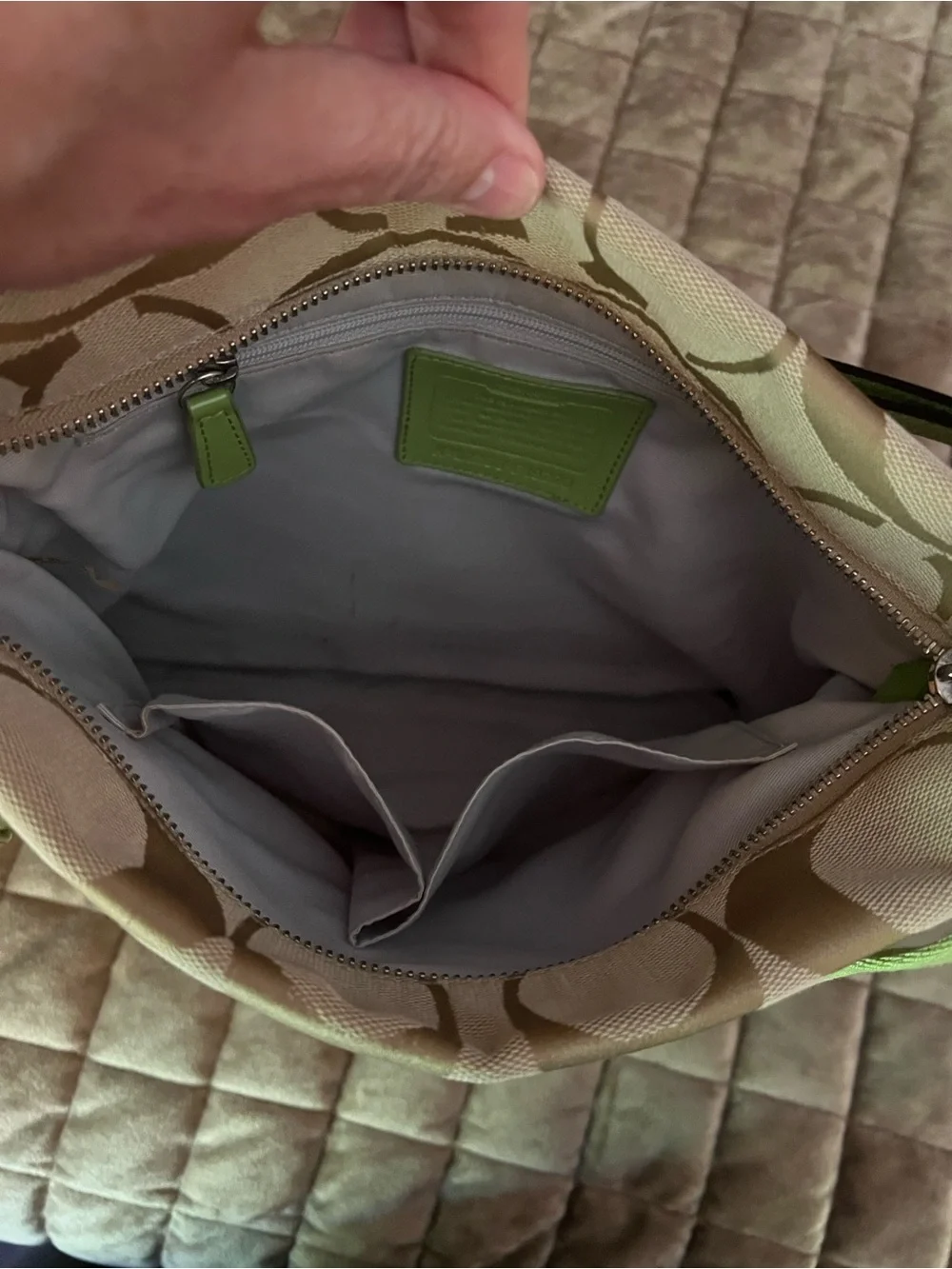 Coach Khaki Signature Crossbody with Lime Trim